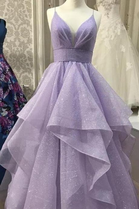 Beautiful Shiny V Neck Puffy Long Purple Prom Dresses