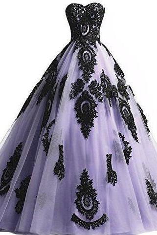 Charming Light Purple Tulle Prom Dresses With Black Appliques