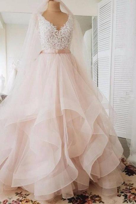 A Line V-neckline High Quality Lace Prom Dresses