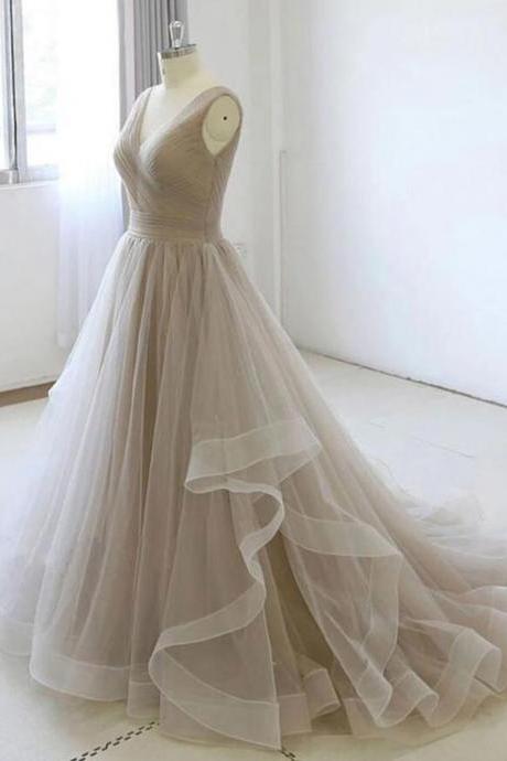 Simple V Neck Light Grey Tulle Prom Dresses