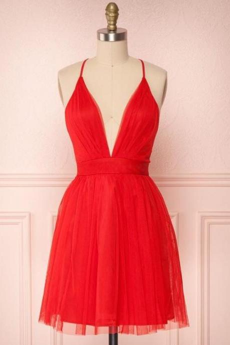 Simple Red V Neck Backless Tulle Homecoming Dresses