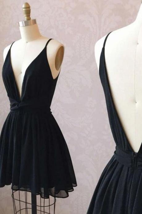 Simple A Line V Neck Black Short Prom Dresses