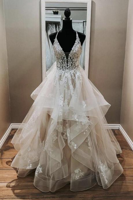 Floor Length V Neck Lace Tulle Long Prom Dress