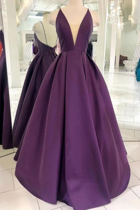 Simple V Neck Purple Prom Dresses