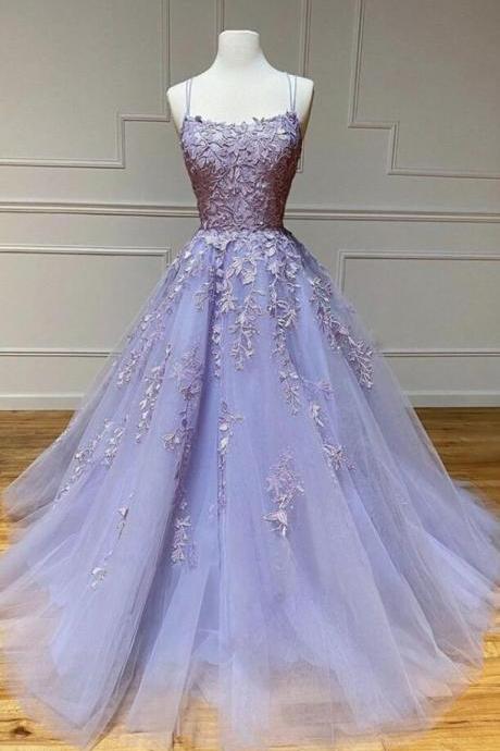 A Line Purple Lace Formal Prom Dress