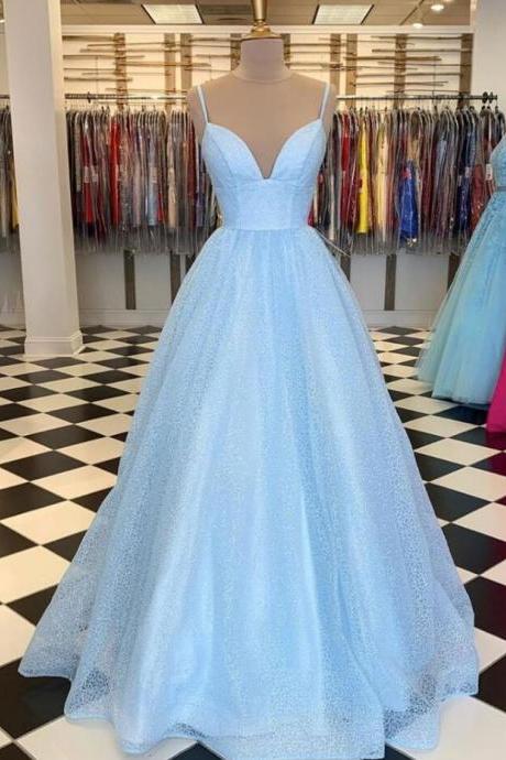 A Line Sky Blue V Neck Tulle Long Prom Dress
