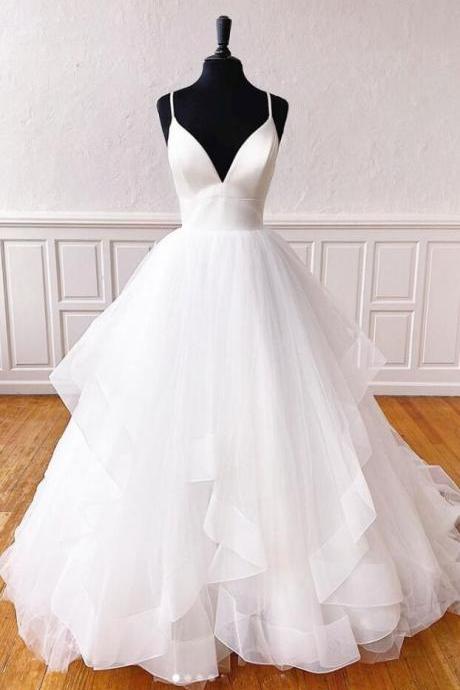Beautiful White V Neck Tulle Long Wedding Dress