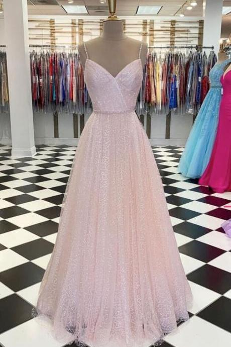 A Line Pink V Neck Straps Prom Dress With Beading