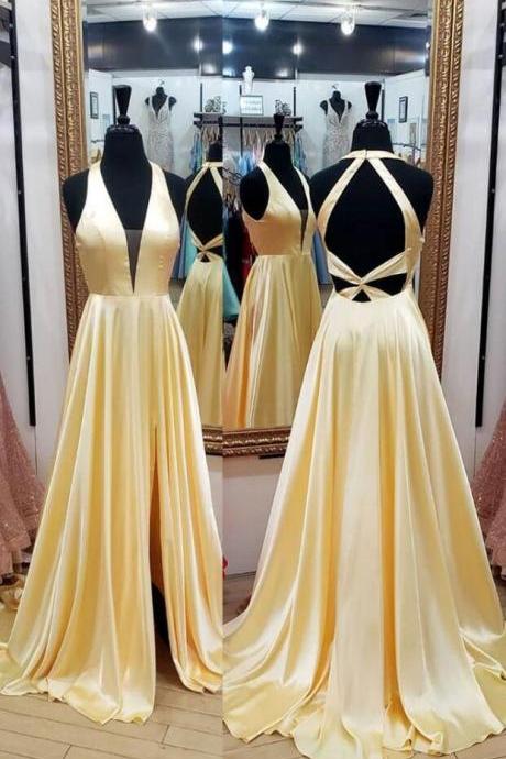 Simple v neck long yellow prom dress 