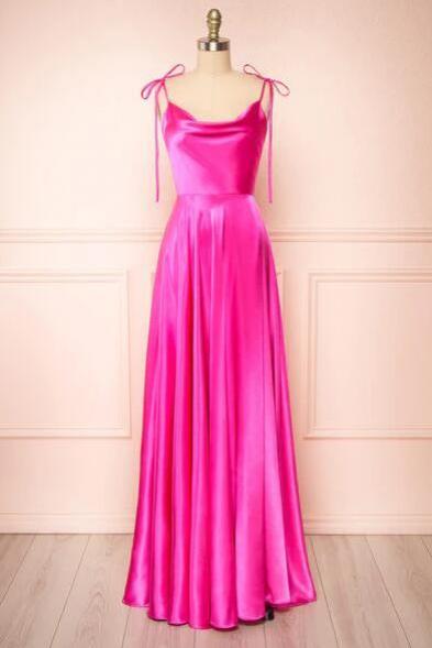 A-line Fuchsia Side High Slit Satin Prom Dress