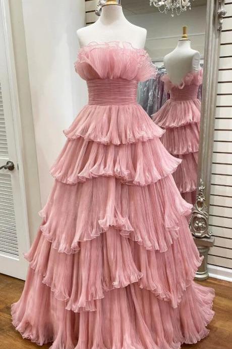 Beautiful Strapless Pink Tulle A-line Ruffles Long Prom Dress