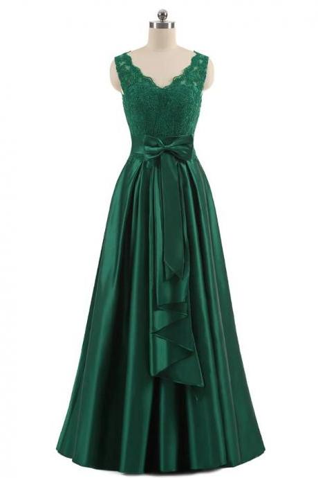 Floor-length Green A-line V-neck Prom Dress With Bowknot