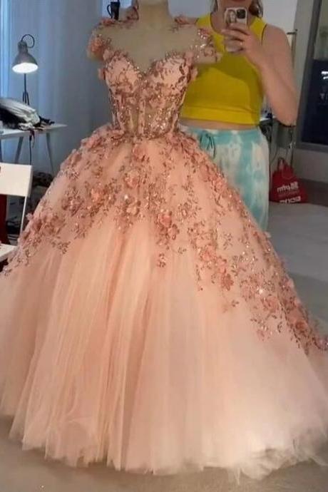 Pink Tulle Prom Dresses With Flowers