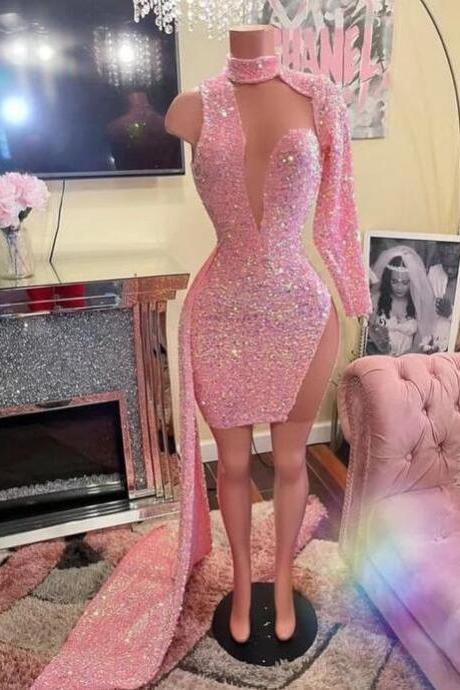 Glitter Pink Evening Dresses, Sparkly Prom Dress