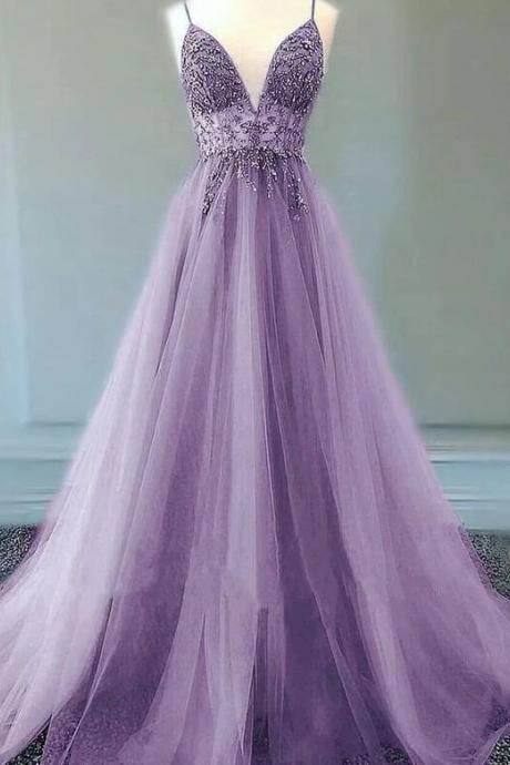 A Line Lilac Long Tulle Prom Dresses