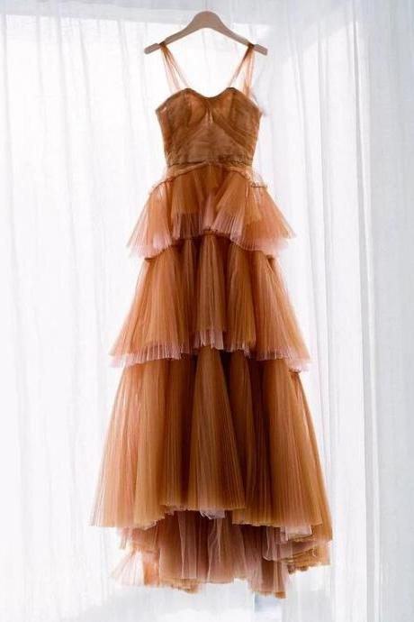 A Line Brown Tulle Long Prom Dress