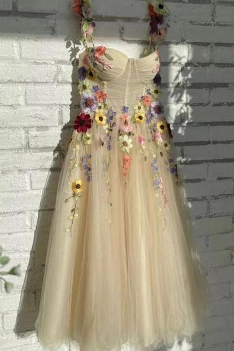 Ankle-length Light Champagne Evening Gowns With 3d Flowers