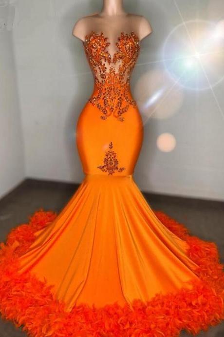 Mermaid Orange Feathers Prom Dresses For Women