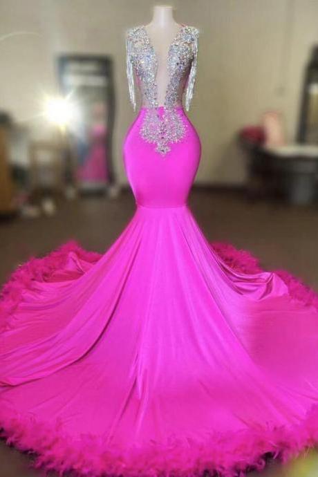 Mermaid Pink Prom Dresses, Feather Prom Dresses