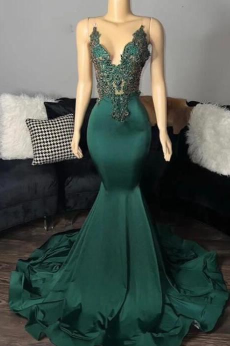 Vintage Dark Green Transparent Spaghetti Mermaid Prom Dresses