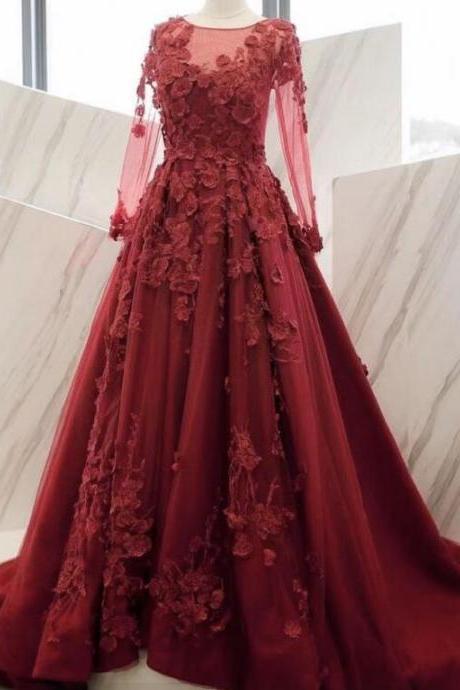 A Line Wine Red Long Sleeves Prom Dresses
