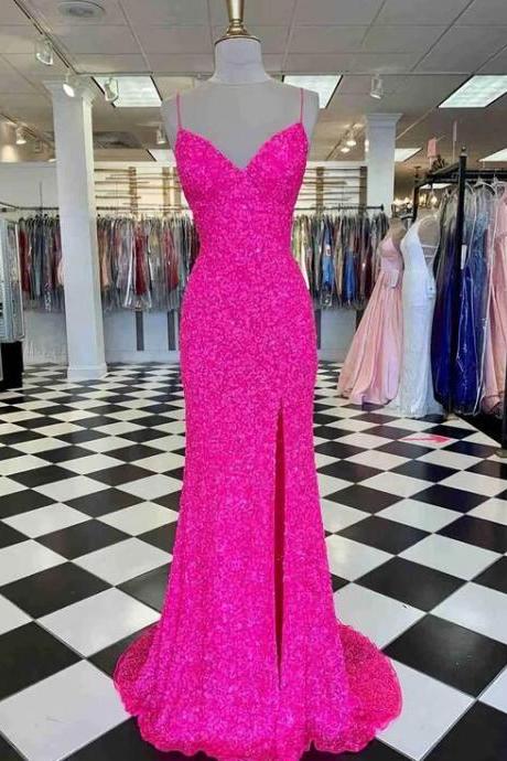 Pink Straps Prom Dress With Slit