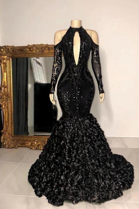 A Line Black Long Sequin Prom Dresses