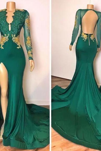 Mermaid Green Long Sleeves V Neck Prom Dress