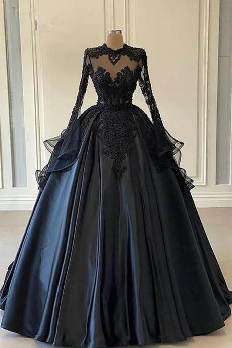 A Line Ball Gown Black Long Sleeves Lace Prom Dresses With Beading