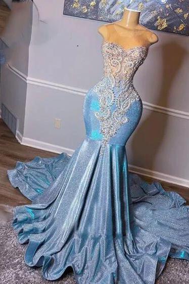 Round Neck Light Blue Prom Dresses, Sequins Evening Gowns