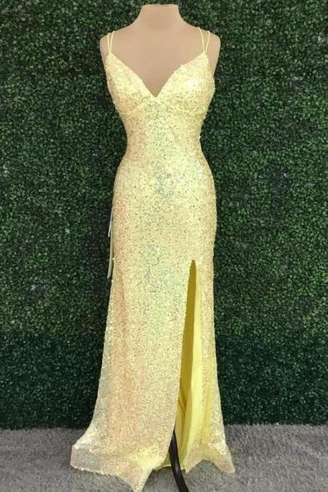 Mermaid Yellow Backless Sequins Long Prom Dress With Slit