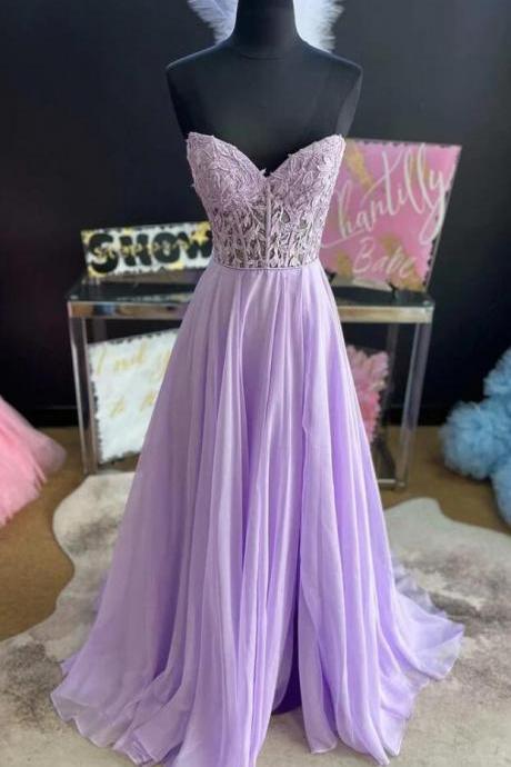Strapless Purple Tulle Long Prom Dress, Lavender Lace Dress