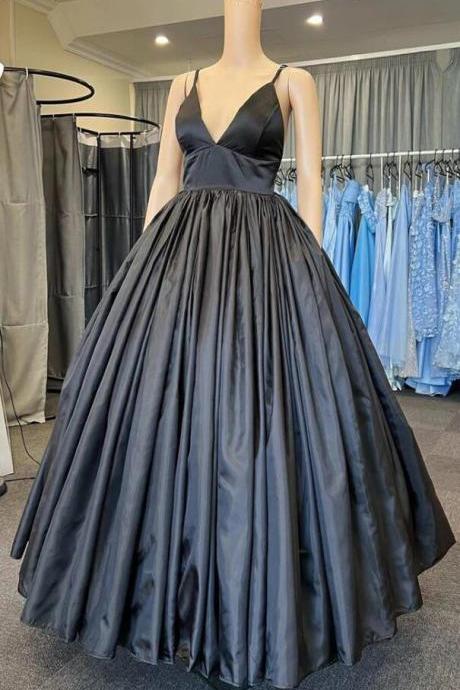 A Line V Neck Black Satin Prom Dress With Pocket