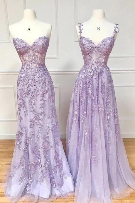 Sweetheart Strapless Purple Lace Long Prom Dresses