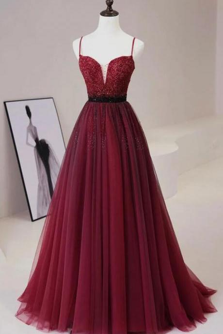A Line V Neck Burgundy Tulle Long Prom Dress With Beaded