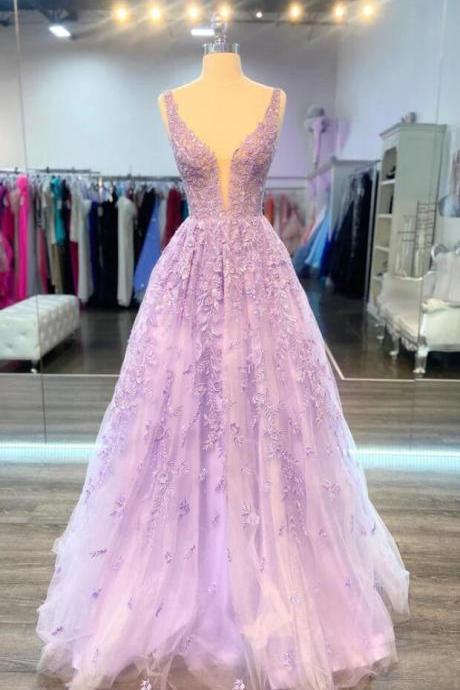A Line V Neck Purple Lace Long Prom Dresses