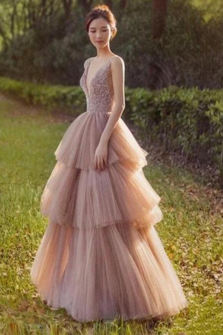 A Line V Neck Beaded Layered Tulle Prom Dresses