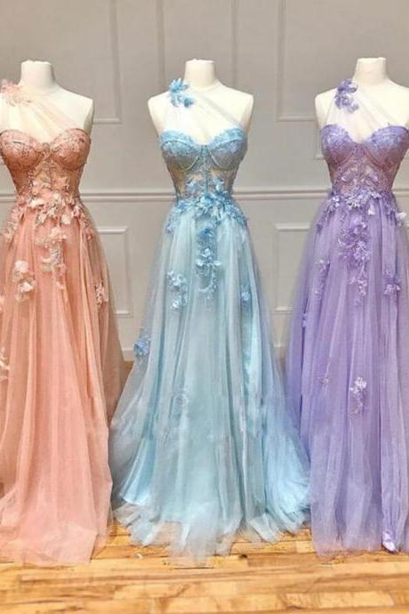 One Shoulder Pink/blue/purple Floral Long Prom Dresses