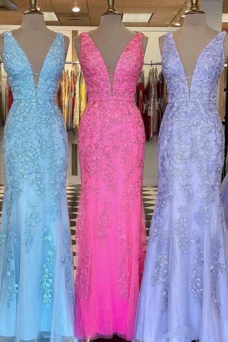 Mermaid V Neck Open Back Blue/pink/lavender Lace Prom Dresses