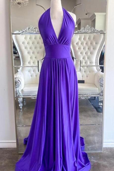 Elegant Halter Backless Purple Long Prom Dresses