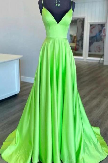 Simple A Line Green Satin Long Prom Dresses