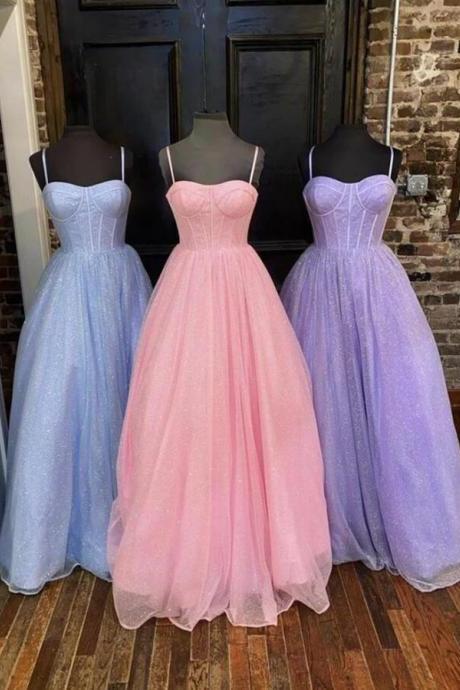 Shiny Tulle Open Back Pink/lilac/blue Prom Dresses