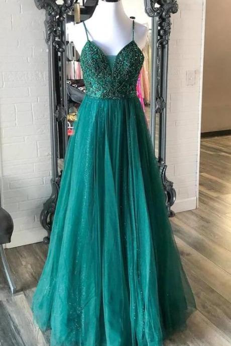 A Line Shiny V Neck Backless Beaded Green Tulle Prom Dress
