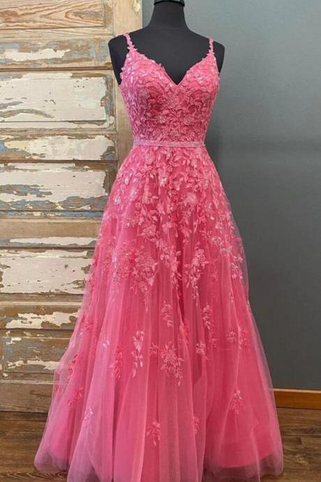 A Line V Neck Pink Lace Long Prom Dress With Beading