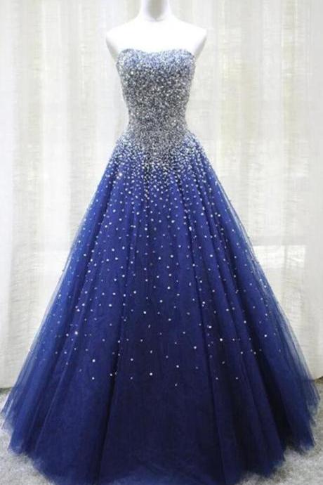 Gorgeous Strapless Blue Tulle Long Prom Dresses With Beaded