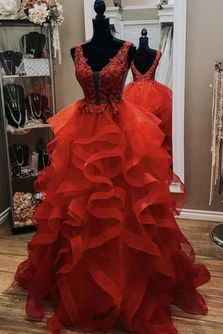 Gorgeous V Neck Open Back Red Lace Long Prom Dresses