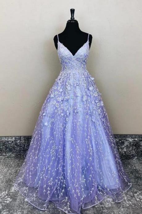 A Line V Neck Open Back Purple Lace Floral Prom Dress