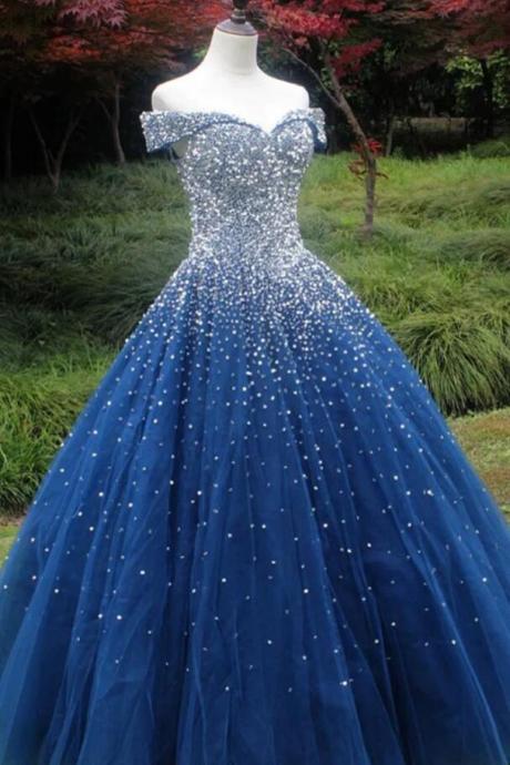 Gorgeous Off Shoulder Sequins Blue Long Prom Dresses