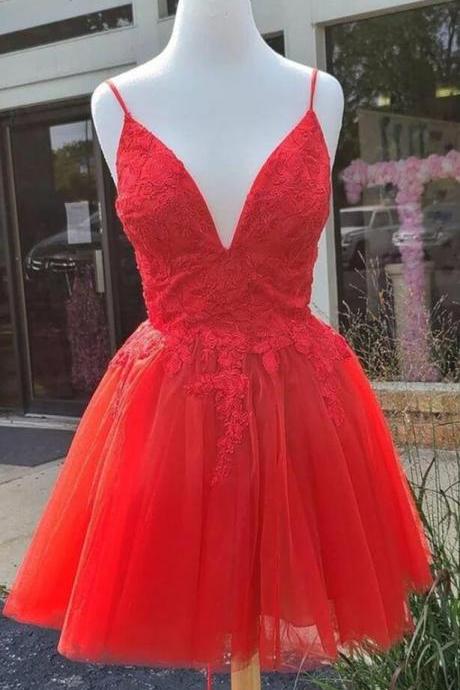 A Line V Neck Red Lace Short Prom Dresses
