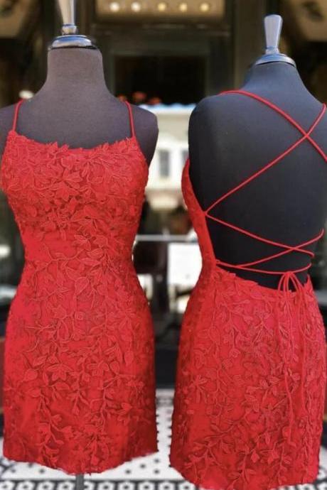 Cute Short Red Lace Prom Homecoming Dresses